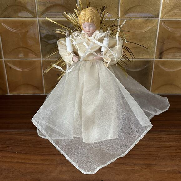 Vintage Angel Christmas Decor Tree Topper With Candles White / Gold Works - Picture 1 of 4